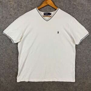 VTG Polo Lauren Ringer T Shirt Mens Large White V Neck Cotton Pique Casual